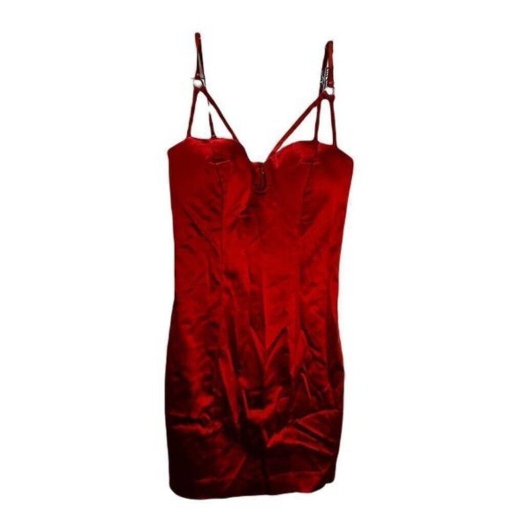 Red Satin Mesh‎ Insert Cup Detail Bodycon Dress Size 4